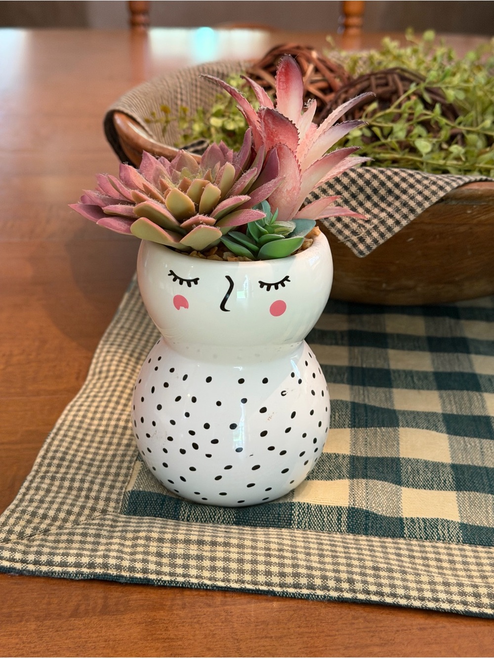 Cute Ceramic Face Planter with Pink Succulents